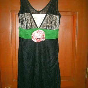 Anthropologie Dress Black Green Lace Dance Hall Sleeveless Flower Sash Size 4